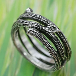 TWIG AND LEAF Band - Delicate Little Leaves On a Spiralling Twig. This ring hand made in sterling silver