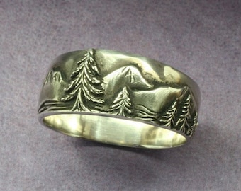 A Mountaineer's WEDDING BAND in Sterling Silver, Mountain Ring, Tall Mountain Peaks, Pine Trees, Scenic Wedding Band