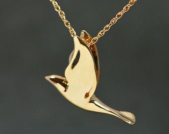 Floating DOVE PENDANT, Graceful, Fully 3-dimensional, handmade in 14k yellow gold. Larger 14k Dove