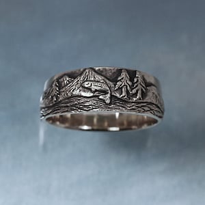 TROUT FISHING Ring in sterling silver Mountain Fly Fishing, Pine Tree Ring, Pine, Tree Ring image 1