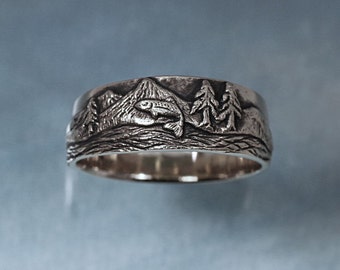 TROUT FISHING Ring in sterling silver - Mountain Fly Fishing, Pine Tree Ring, Pine, Tree Ring