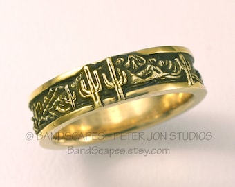 14k ARIZONA South-West Landscape - Your Choice Of GOLD, A Highly Detailed Wedding Band, Mountains, Cactus, Handcarved Detail