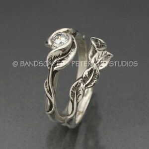 MOISSANITE DELICATE LEAF Engagement Ring with matching Wedding Band in Sterling Silver image 2