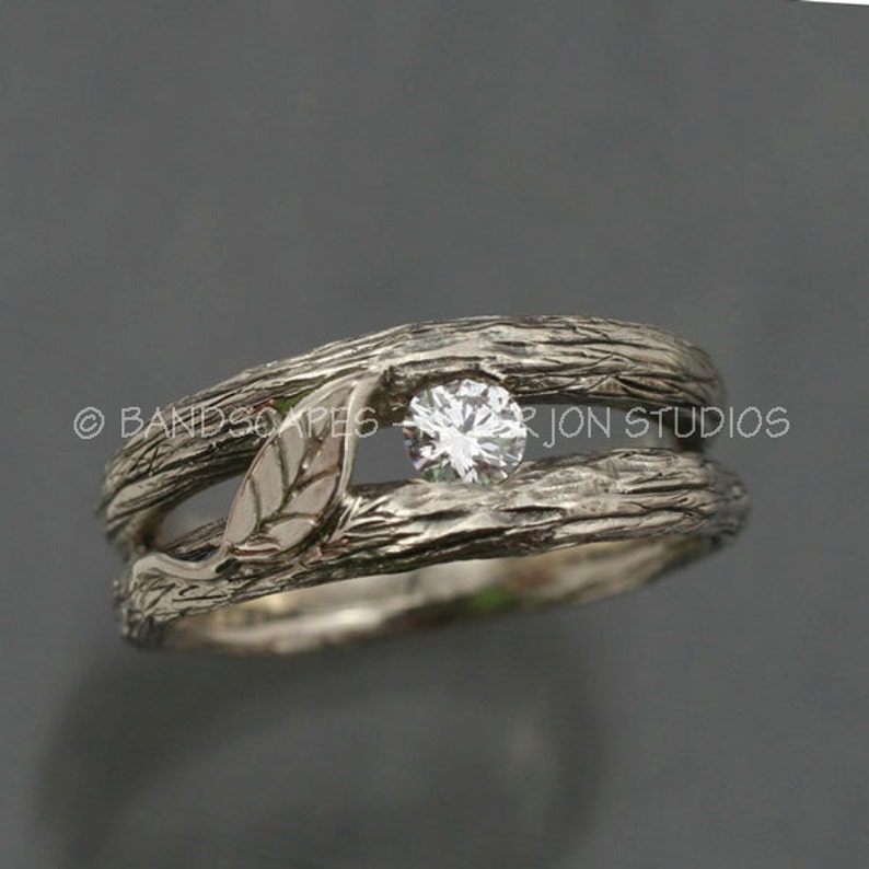 SOLITAIRE LEAF and White Sapphire, A Twig Ring in Sterling Silver. Twig and Leaves Wedding Ring image 3