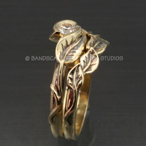 Gold DELICATE LEAF Wedding Ring Set Engagement Ring and Matching Wedding Band. This ring set with Natural Diamond image 3