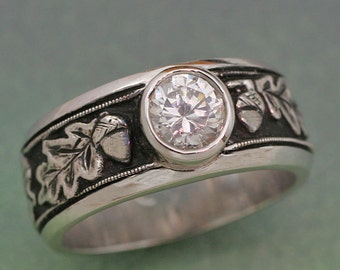 Womens OAK LEAVES Wedding Band.  14k white, rose or yellow gold with White Sapphire