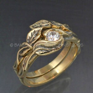 Gold DELICATE LEAF Wedding Ring Set Engagement Ring and Matching Wedding Band. This ring set with Natural Diamond image 2