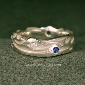 OCEAN WAVES, Handmade in Sterling Silver Wedding Band, with Sapphire, Moissanite