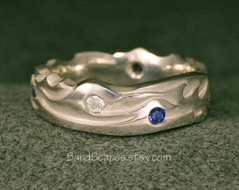 OCEAN WAVES, Handmade in Sterling Silver Wedding Band, with White and Blue Sapphire