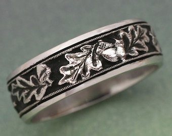 OAK LEAVES Wedding Band - made in 14k white , rose or yellow gold.  For men or women, Acorn Ring