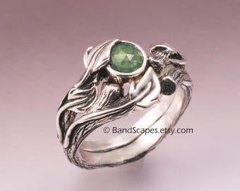 DESERT ROSE Engagement and Wedding band Set - Rose-Cut Tourmaline.  Twig Rings made in sterling silver