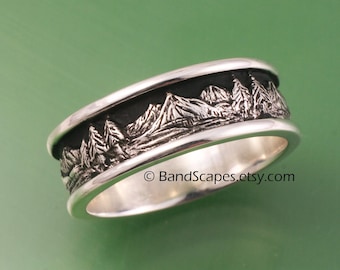 MOUNTAIN LANDSCAPE Wedding Band, 8mm width, in Sterling Silver, Pine Tree Ring, Pine Band, Mountain Band