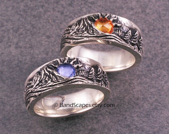 SUNSET STONE Band - Highly Detailed Wedding Band in Sterling Silver with Rose Cut Gem, Pines, Sunrise,  Handcarved Detail