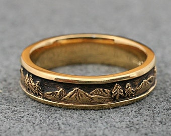 MOUNTAIN LANDSCAPE Wedding Band, 5.5mm wide, in 14k yellow, rose  or white gold, Pine Tree Ring, Pine, Mountain Wedding Ring