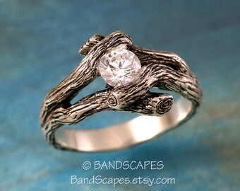 TWIN TWIGS Ring Made To Order in Solid Sterling Silver. With 5mm White Sapphire or Moissanite. Branch Wedding Ring