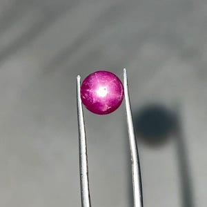 May include: A round, cabochon-cut star ruby gemstone with a deep magenta-pink colour. The stone displays a distinct six-rayed star effect, known as asterism, centred on its surface. It is held securely between the tips of silver-toned metal tweezers.
