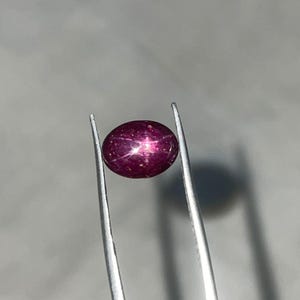 Puede incluir: Una gema pulida, de forma ovalada, de color rojo intenso, con un efecto de estrella. La gema está sujeta por unas pinzas plateadas sobre un fondo neutro. El efecto de estrella es causado por inclusiones.