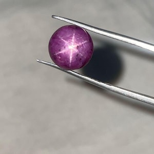 Puede incluir: Una piedra preciosa de rubí estrella de corte cabujón redondo con un tono magenta púrpura intenso. La piedra muestra un asterismo distintivo de seis rayos, o efecto estrella, centrado en su superficie. La gema está sujeta por unas pinzas de metal plateado.