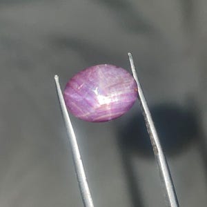 Puede incluir: Una gema rosa ovalada pulida, sujeta con pinzas plateadas. La gema tiene un efecto de estrella, con luz que irradia desde el centro. La superficie de la piedra muestra un patrón sutil y texturizado. El fondo es de un gris suave.