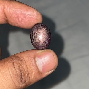 Può includere: Una gemma di rubino stellato a cabochon di forma ovale con una tonalità rosso-viola intenso. La pietra mostra un distinto effetto a stella a sei raggi, noto come asterismo, che appare come un riflesso di luce bianca sulla superficie.