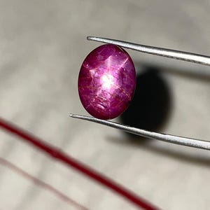 Può includere: Una gemma di rubino ovale e vibrante, tenuta da pinzette d'argento. La gemma mostra una tonalità rosa intenso con un effetto a stella sulla sua superficie. Lo sfondo è grigio neutro, evidenziando il colore e la forma.