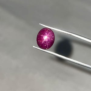 Puede incluir: Una gema de rubí pulida, de forma ovalada, sujeta con pinzas. El rubí es de color rojo intenso con un efecto de estrella de seis rayos visible en su superficie. Las pinzas son plateadas y el fondo es gris neutro.