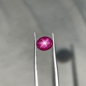 Könnte beinhalten: Ein leuchtender, ovaler Rubin-Cabochon mit einem ausgeprägten sechsstrahligen Sterneffekt, bekannt als Asterismus. Der tief pink-rote Edelstein wird von einer Metallpinzette gehalten, was das natürliche Lichtreflexionsmuster hervorhebt.