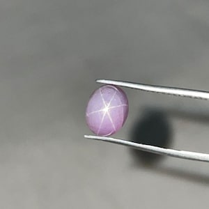 Puede incluir: Una gema pulida, de forma ovalada, de color rosa púrpura, sujeta con pinzas. La gema presenta un efecto de estrella de seis rayos, con líneas que irradian desde el centro. La piedra es lisa y refleja la luz, mostrando su patrón estelar único.