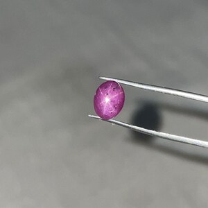 Puede incluir: Una gema pulida, de forma ovalada, de color rojo púrpura, sujeta con pinzas. La gema muestra un efecto de estrella de seis rayos, resultado de la reflexión de la luz en las inclusiones dentro de la piedra. Es un rubí.
