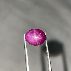 May include: A magenta-coloured, oval ruby gemstone, held by tweezers. The gem displays a six-ray star effect across its surface. The background is a soft, neutral grey.