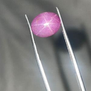 Puede incluir: Una gema rosa ovalada y pulida con un patrón de estrella de seis rayos. La gema está sujeta por unas pinzas plateadas sobre un fondo gris borroso. El efecto de estrella se crea por la reflexión de la luz.