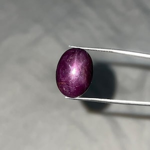 Peut inclure: Une pierre précieuse polie, de forme ovale, de couleur violet foncé, est tenue par une pince argentée. La gemme présente un effet étoilé sur sa surface. Le fond est un gris neutre flou.
