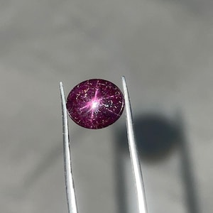 Puede incluir: Una gema redonda, de color rojo intenso, con un efecto de estrella, sujeta con pinzas plateadas. La gema tiene una superficie pulida con un patrón de estrella de seis rayos. El fondo es gris suave, resaltando el color y brillo de la gema.