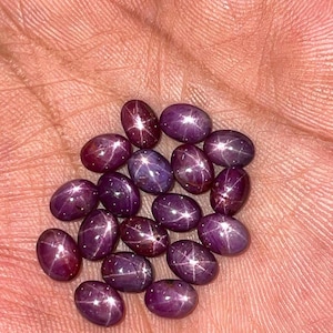 Puede incluir: Una colección de quince rubíes estrella de forma ovalada y color púrpura intenso. Cada piedra preciosa presenta un efecto de estrella de seis rayos, conocido como asterismo, visible en la superficie lisa y pulida de las piedras en cabujón.