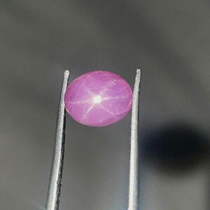 May include: A polished, oval-shaped, pink star ruby gemstone. The gem is held by tweezers, showcasing a six-rayed star pattern across its surface. The ruby's colour is a vibrant pink, with a bright, star-like effect.