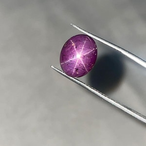 Pode incluir: Uma pedra preciosa polida, de forma oval, vermelho-púrpura, segurada por uma pinça. A gema apresenta um efeito de estrela de seis raios, com luz irradiando do centro. A pedra preciosa é de uma cor profunda e saturada, e a pinça é prateada.