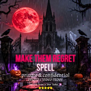 May include: A digital image with a gothic theme, featuring a large red moon, a dark cathedral, and a spooky atmosphere. The text "MAKE THEM REGRET SPELL" is prominently displayed, along with "private & confidential". Pumpkins and crows add to the Halloween vibe.