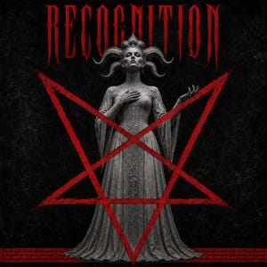 May include: A digital illustration featuring the word RECOGNITION in red gothic lettering at the top. A central figure with large, curved horns wears a long, textured gray gown. A large, hand-drawn red pentagram overlays the figure.