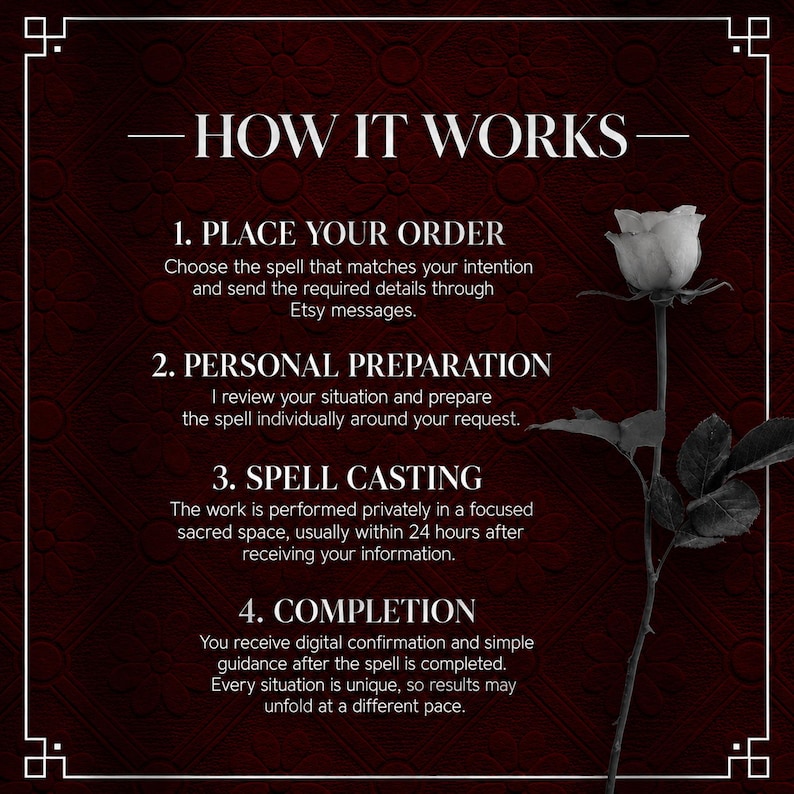 May include: A dark red background with a white border and a single white rose on the right. The text reads: HOW IT WORKS, 1. PLACE YOUR ORDER, 2. PERSONAL PREPARATION, 3. SPELL CASTING, 4. COMPLETION, along with descriptive instructions for each step.