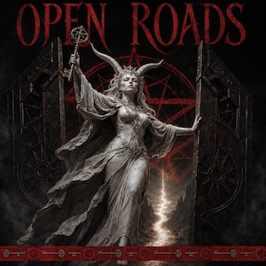 May include: A digital illustration titled OPEN ROADS featuring a stone-textured figure with horns, wearing a flowing gown and holding an ornate key. The figure stands between two large dark gates with a glowing red pentagram and a path in the background.