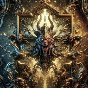 Könnte beinhalten: Eine detaillierte digitale Illustration mit einem zentralen gehörnten Wesen mit leuchtend gelben Augen und gefletschten Zähnen, umrahmt von komplizierten, wirbelnden goldenen und dunkelblauen metallischen Filigranmustern.