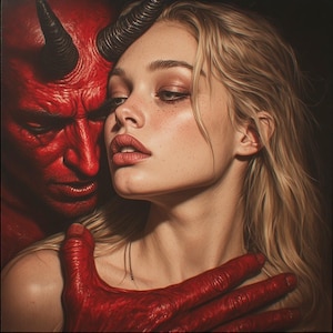 May include: A digital illustration featuring a fair-skinned person with long blonde hair positioned next to a red-skinned entity with dark horns. A large, textured red hand rests on the shoulder of the blonde person in this dark composition.