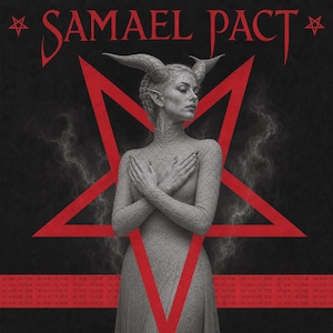 Pode incluir: Uma ilustração digital com o texto SAMAEL PACT em vermelho. Uma figura com chifres e pele texturizada veste um vestido longo cinza de gola alta com os braços cruzados sobre o peito. Um grande pentagrama vermelho está num fundo escuro.
