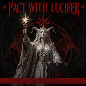 Op de afbeelding: Een figuur met hoorns in een wit gewaad houdt een staf met een stralende ster en een donker boek vast. De tekst PACT WITH LUCIFER staat bovenaan in het rood. Een rood pentagram en vleugelachtige vormen bevinden zich op de achtergrond.