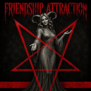 Könnte beinhalten: Eine schwarz-weiße Illustration einer gehörnten Figur in einem langen, strukturierten Kleid, zentriert hinter einem großen, kräftig roten Pentagramm. Der Text "FRIENDSHIP ATTRACTION" steht in einer roten Schrift oben im Bild.