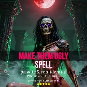 Könnte beinhalten: Digitales Kunstwerk mit einer skelettartigen Figur mit langen schwarzen Haaren und leuchtenden lila Augen, vor einem dunklen, gotischen Hintergrund. Der Text "MAKE THEM UGLY SPELL" ist zu sehen.