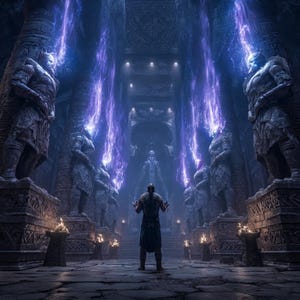 Puede incluir: Ilustración digital de un interior de templo de piedra con grandes estatuas y haces de energía púrpura brillante. Una persona está de pie en el centro, con los brazos levantados. La escena es oscura y atmosférica, con un enfoque en la fantasía y la mitología.