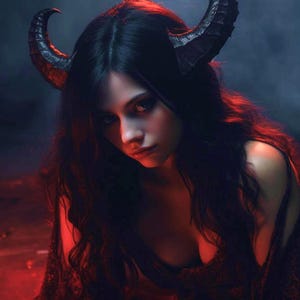 Puede incluir: Un tocado con dos cuernos grandes, texturizados, de color gris oscuro y curvados, sujetos a un cabello largo y oscuro. Los cuernos tienen una superficie orgánica estriada y están colocados simétricamente, iluminados por una luz roja y azul.