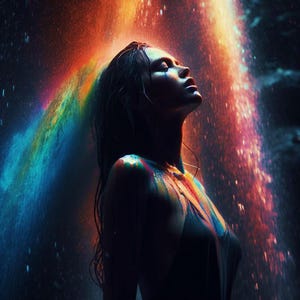 May include: A person with wet hair and skin stands under a cascade of water illuminated by vibrant rainbow light. The person is wearing a dark garment, and their face is tilted upward, catching the colorful light and water droplets in the air.