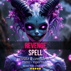 May include: Digital art of a fantasy creature with purple skin, horns, and floral accents. The creature has glowing purple eyes and a sinister grin. Text reads "REVENGE SPELL" and "private & confidential".